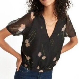 Madewell Aster Portrait Silk Organza Puff Sleeve Wrap Top Black Floral Size READ